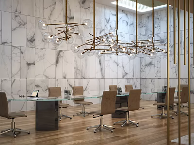 Modern Glass Conference Table With Leather Chairs Marble Wall And Modern Chandelier 3d model