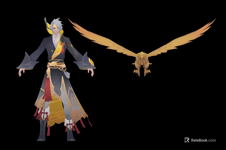 White Haired Character In Traditional Fantasy Outfit With Golden Winged Creature 3d model 