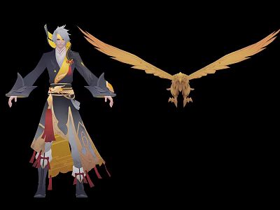 White Haired Character In Traditional Fantasy Outfit With Golden Winged Creature 3d model