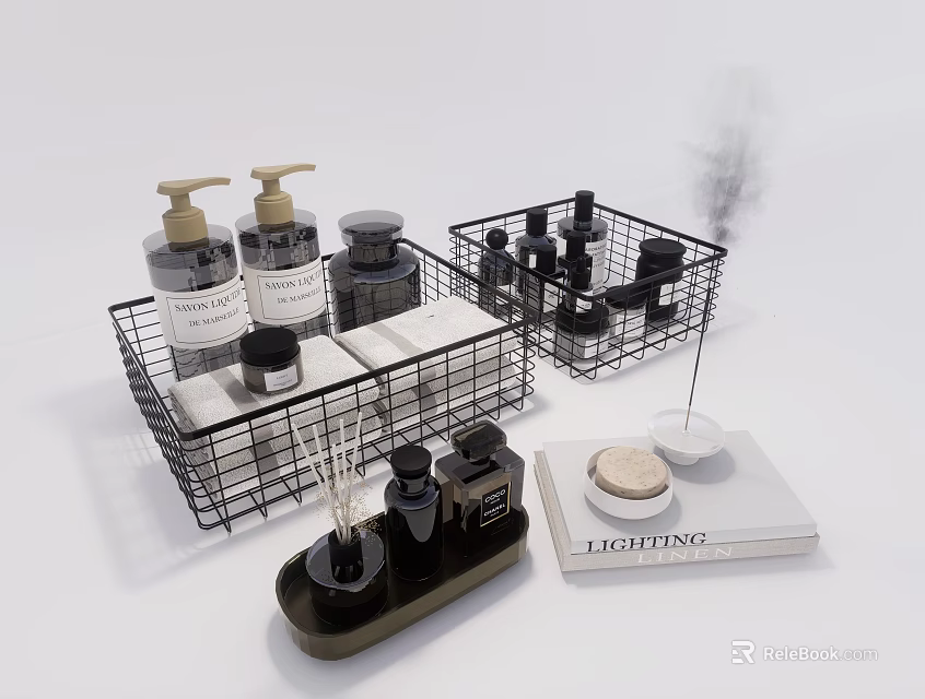 Stylish Bathroom Accessories With Wire Baskets Liquid Soap Bottles Aromatherapy Items And Decorative Tray 3d model 
