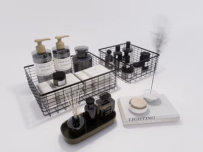 Stylish Bathroom Accessories With Wire Baskets Liquid Soap Bottles Aromatherapy Items And Decorative Tray 3d model
