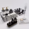 Stylish Bathroom Accessories With Wire Baskets Liquid Soap Bottles Aromatherapy Items And Decorative Tray