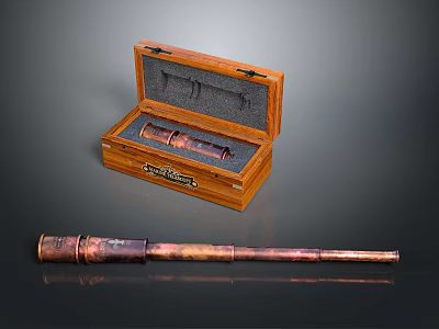 Brass Telescope Inside Open Wooden Case And Separate Telescope 3d model