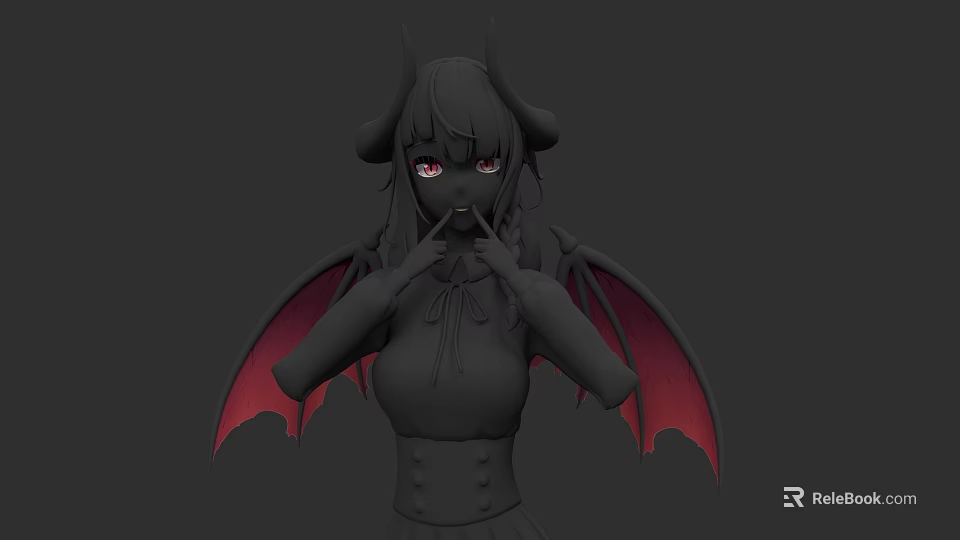 Gothic Woman With Black Hair Red Eyes Black Horns And Red Wings 3d model 