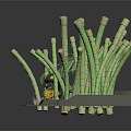 Yellow And Black Robot Surrounded By Green Bamboo Like Plants On Gray Platform