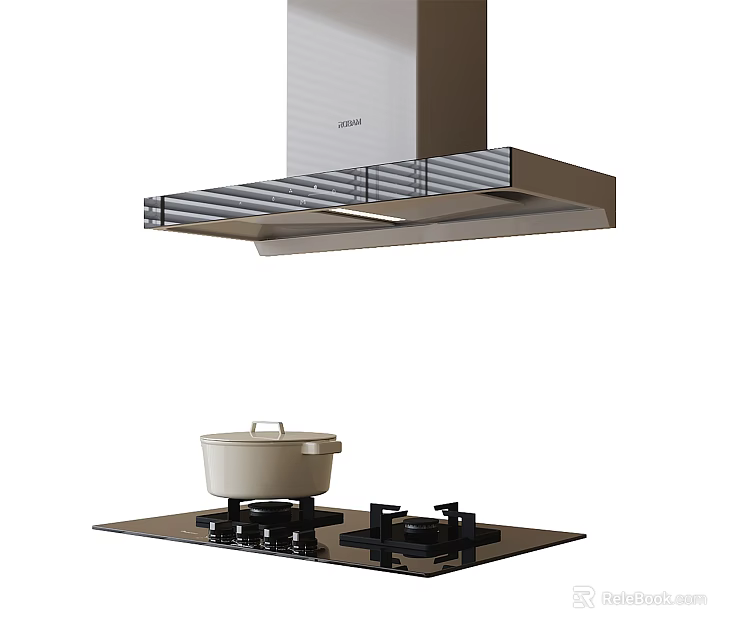 Modern Kitchen Appliances Featuring Range Hood Gas Stove And Cooking Pot 3d model 