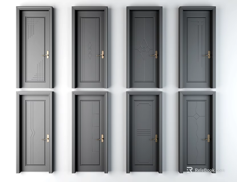 Various Gray Hinged Doors With Brass Handles For Home Interior Design 3d model