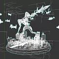 Black And White Game Movie Character Holding Red Sword On City Model With Airplane Silhouettes