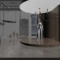 Modern Clothing Store Interior With Mannequin Display Wooden Shelves And Gray Walls Stairs