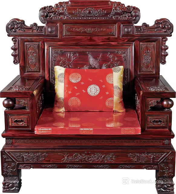 Chinese Style Single Sofa With Mahogany Carved Frame And Red Cushion Golden Patterns 3d model 