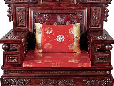 Chinese Style Single Sofa With Mahogany Carved Frame And Red Cushion Golden Patterns 3d model