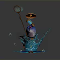 Cute Blue Cartoon Aquatic Animal With Small Umbrella Bottle And Net Splashing Water