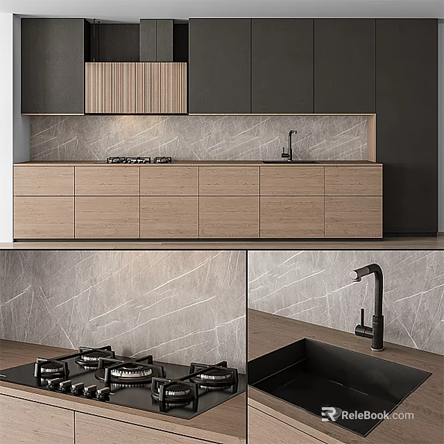 Sleek Modern Kitchen Interior Design With Wooden Cabinets Marble Countertop And Sink 3d model 