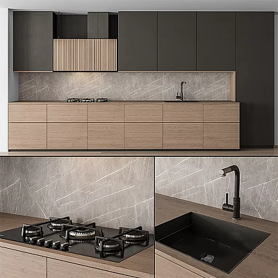 Sleek Modern Kitchen Interior Design With Wooden Cabinets Marble Countertop And Sink 3d model