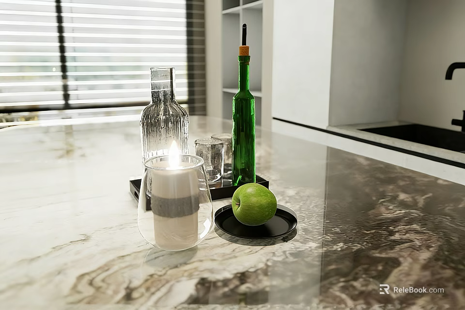 Elegant Wine Bottle And Glass On Modern Kitchen Marble Countertop With Tray Apple And Candle 3d model 