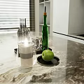 Elegant Wine Bottle And Glass On Modern Kitchen Marble Countertop With Tray Apple And Candle