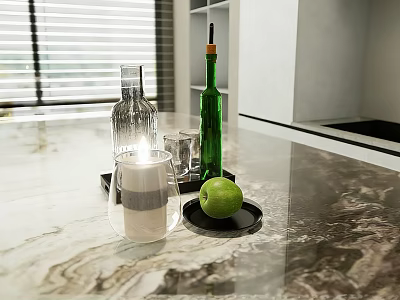 Elegant Wine Bottle And Glass On Modern Kitchen Marble Countertop With Tray Apple And Candle 3d model