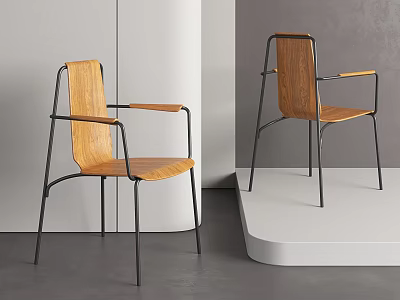 Modern Wooden Armchair With Black Metal Frame Armrest And Natural Wood Seat In Minimalist Room 3d model