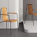 Modern Wooden Armchair With Black Metal Frame Armrest And Natural Wood Seat In Minimalist Room