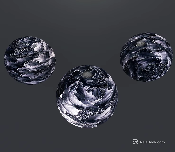Three Artistic Swirling Textured Black And Silver Spheres On Gray Background 3d model 