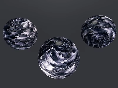 Three Artistic Swirling Textured Black And Silver Spheres On Gray Background 3d model