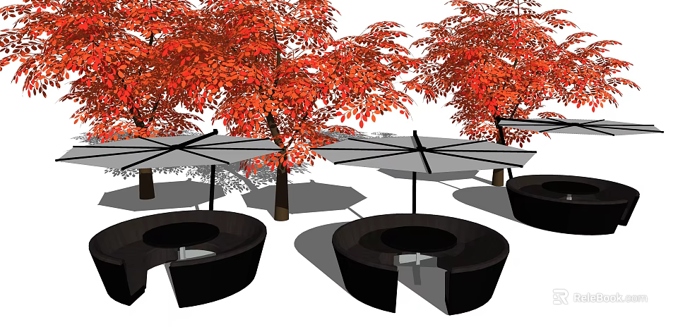Black Circular Outdoor Sofa Setup With Red Leaf Trees And Umbrellas In Garden 3d model