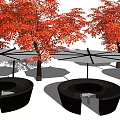 Black Circular Outdoor Sofa Setup With Red Leaf Trees And Umbrellas In Garden 3d model