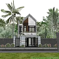 Modern Single Family House With Palm Trees Wooden Facade Front Gate And Green Plants