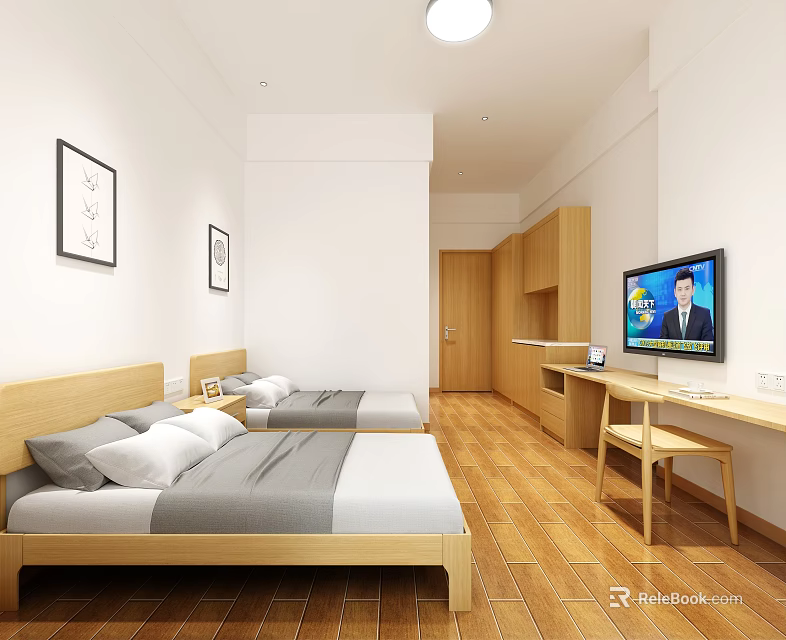 Simple Style Hotel Guest Room With Two Beds Wooden Furniture TV Stand And Decorative Paintings 3d model 