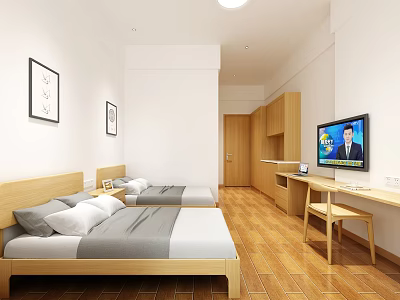 Simple Style Hotel Guest Room With Two Beds Wooden Furniture TV Stand And Decorative Paintings 3d model