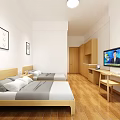 Simple Style Hotel Guest Room With Two Beds Wooden Furniture TV Stand And Decorative Paintings