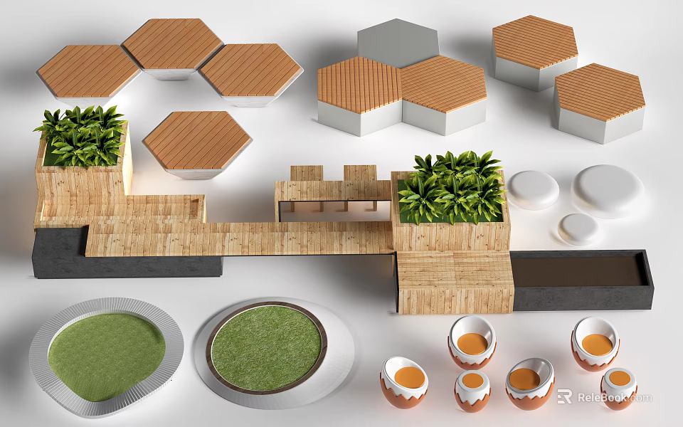 Outdoor Hexagonal Landscape Seats with Wooden Structure Green Plants and Circular Elements 3d model