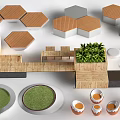 Outdoor Hexagonal Landscape Seats with Wooden Structure Green Plants and Circular Elements 3d model