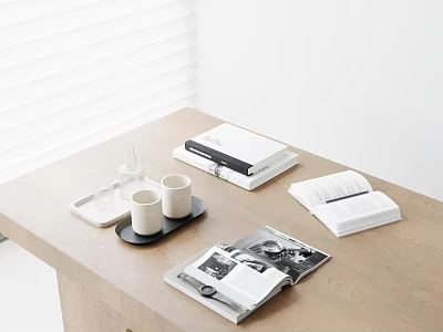 Stylish Decorative Ornament Set With Tray White Cups Clear Bottle And Books On Wooden Table 3d model