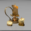 Metallic Decorative Candle Holder With Two Lit Beige Candles And Burning Flames