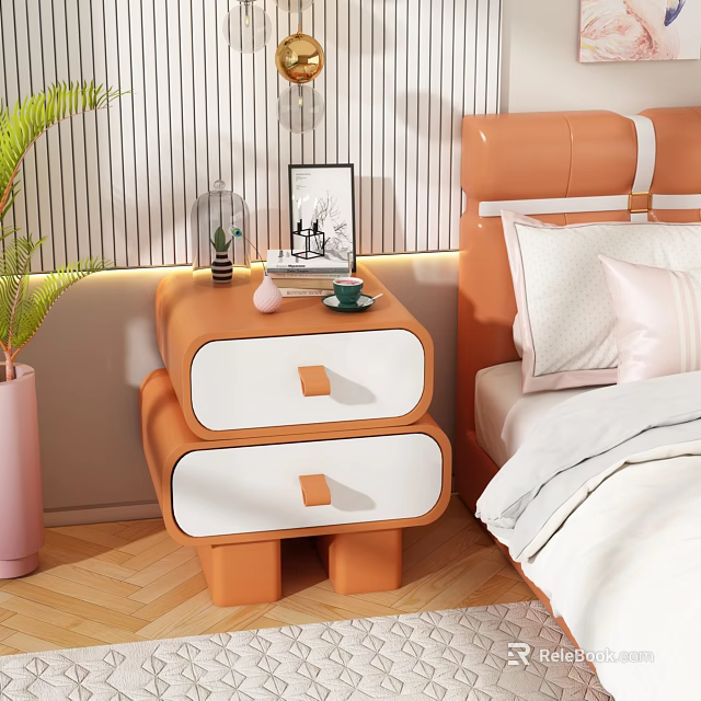 Orange And White Two Drawer Bedside Table In Modern Bedroom Setting With Decor 3d model 