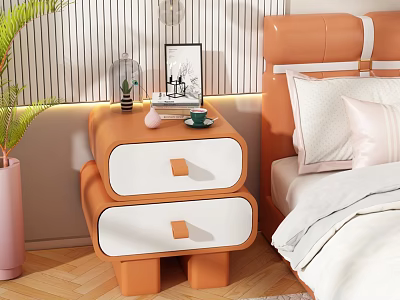 Orange And White Two Drawer Bedside Table In Modern Bedroom Setting With Decor 3d model
