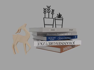 Stacked Books Display With Wooden Deer Decoration And Black Plant Pots 3d model