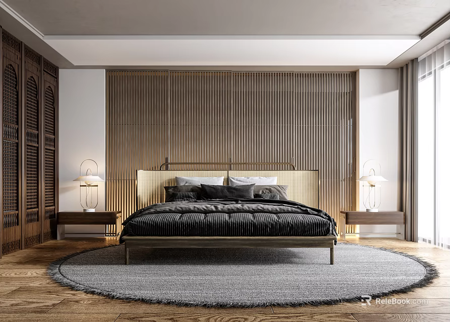 Minimalist Modern Bedroom With Wooden Headboard Wall Nightstands Table Lamps And Round Rug 3d model 