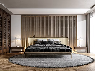 Minimalist Modern Bedroom With Wooden Headboard Wall Nightstands Table Lamps And Round Rug 3d model