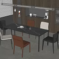Modern Dark Stone Dining Table Set With Six Multicolor Chairs And Kitchen Cabinets Appliances