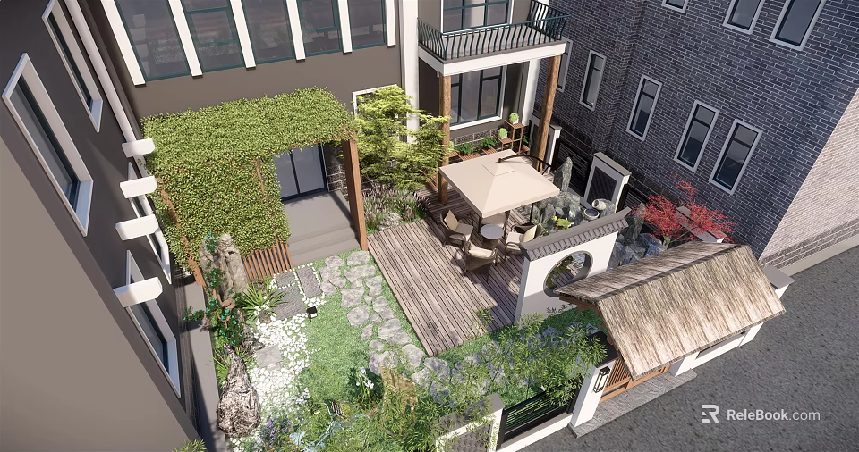Traditional Modern Courtyard Garden With Greenery Covered Pergola Wooden Deck And Seating Set 3d model 