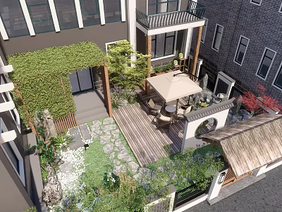 Traditional Modern Courtyard Garden With Greenery Covered Pergola Wooden Deck And Seating Set 3d model