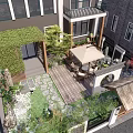 Traditional Modern Courtyard Garden With Greenery Covered Pergola Wooden Deck And Seating Set