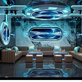 Luxury KTV Interior With Blue Neon Lights Circular Screens And Leather Seats