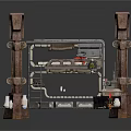 Mechanical Structural Design Featuring Wooden Pillars And Metal Frame Internal Components