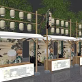 Row of Traditional Chinese Stalls With Wooden Frames Yellow Lanterns and Green Trees