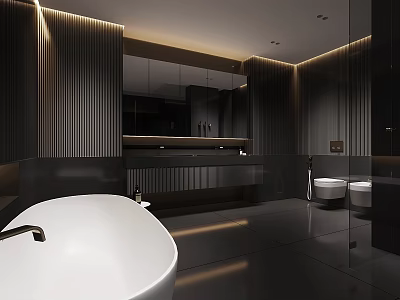 Modern Elegant Bathroom Interior With Bathtub Toilet Mirror And Stylish Lighting Design 3d model