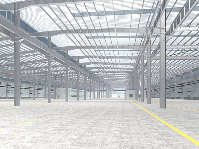 Spacious Industrial Warehouse With Steel Structure Transparent Roof Metal Columns Concrete Floor And Yellow Lines 3d model