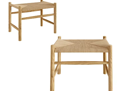 Natural Oak Wood Stools With Woven Seat For Minimalist Home Decor 3d model